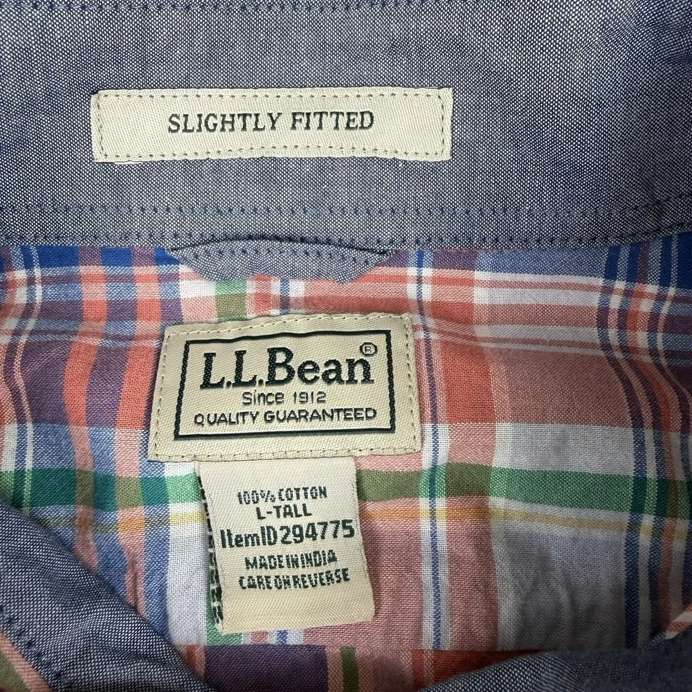 L.L. Bean Men's Large Tall Plaid Long Sleeve Button‎ Shirt Slightly Fitted Used